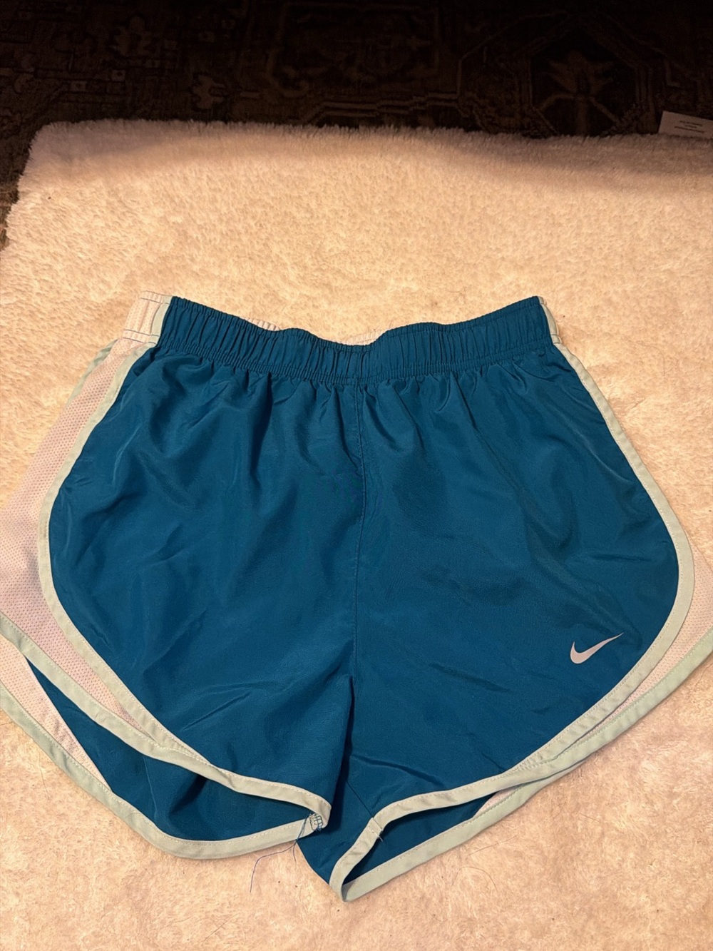 Nike Dri-Fit Women's Teal Athletic Running Shorts with Light Blue Trim